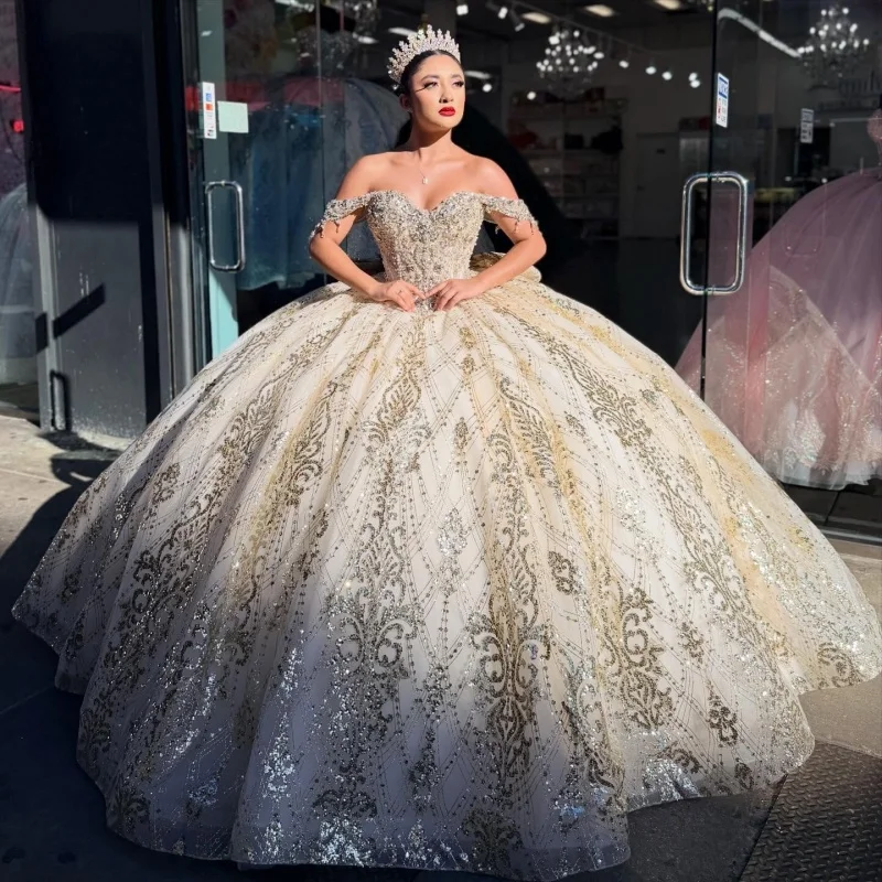 

Shiny Light Champagne Quinceanera Dress off-shoulder Sequin decal Long tail vestidos de 15 Quinceanera ﻿Customize