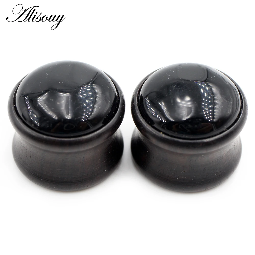 Alisouy 2PCS Natural Wood Opal Stone Flared Ear Plugs Tunnels Flesh Stretcher Guages Earrings Expander Piercing Body Jewelry