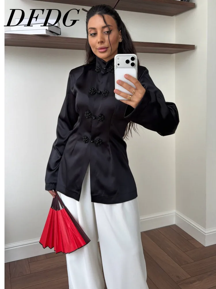 

DFDG Women 2026 Spring Summer Satin Blouse Frog Button Closure Mandarin Collar Long Sleeve Slim Fit Elegant Chinese Style Shirt
