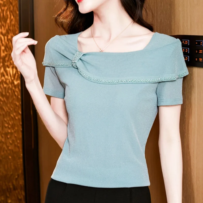 

New Fashion Square Collar Beaded Solid Color Mesh T-shirt For Women Summer Elegant Short Sleeved Simple Temperament Tees Top