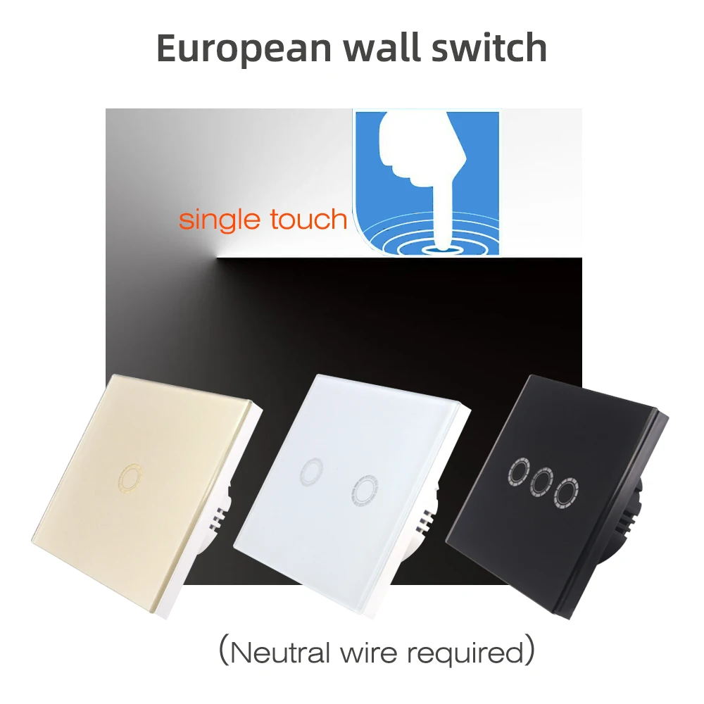 COLOROCK Euro Wall Light Switch Single Touch 1-Gang Light Switch 20A 90-250V AC Neutral Wire Required