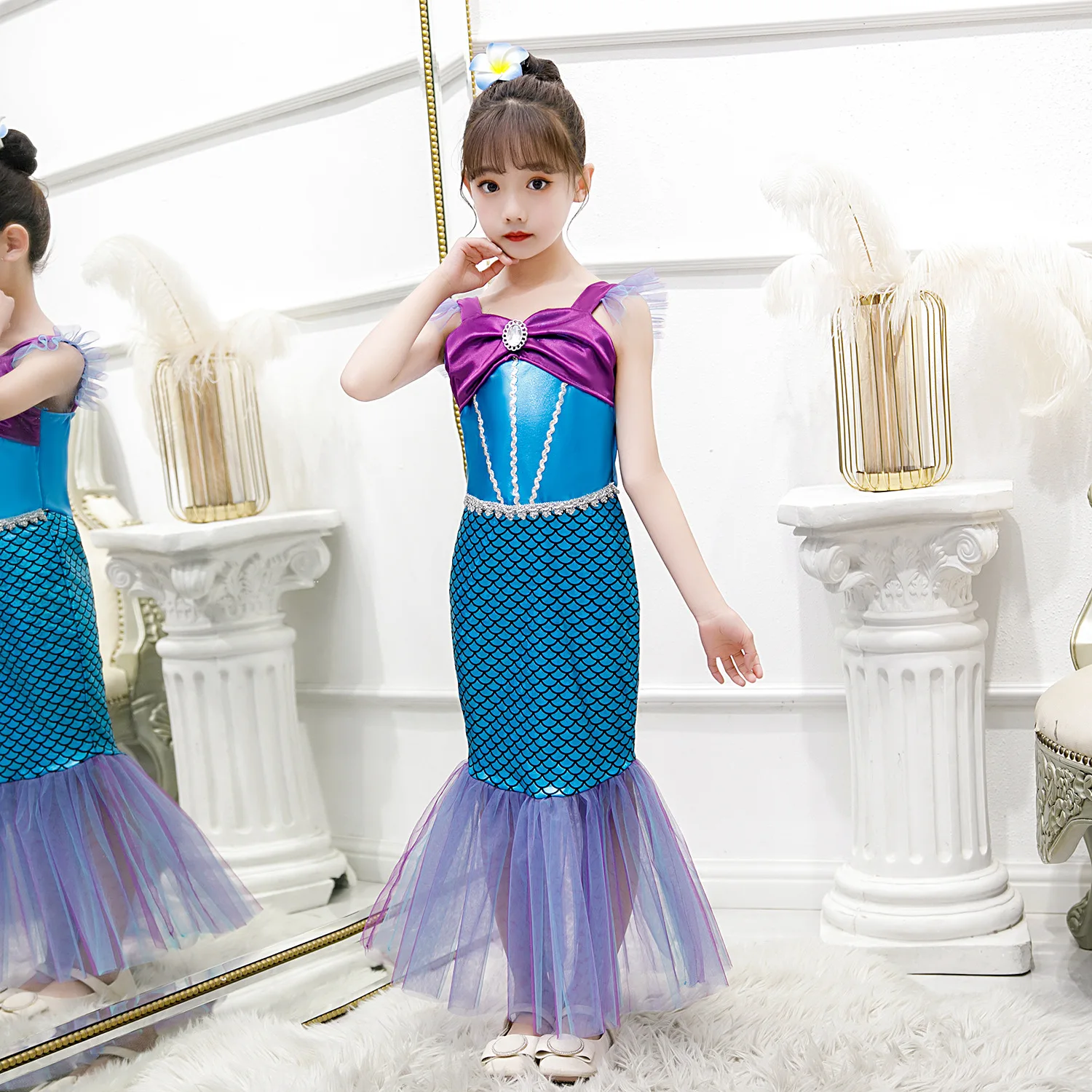 Children Summer Swimming Dress Girls Bathing Cloth Sleeveless Suspender Colorful Dress Girls Mermaid Princess Fishtail Dress