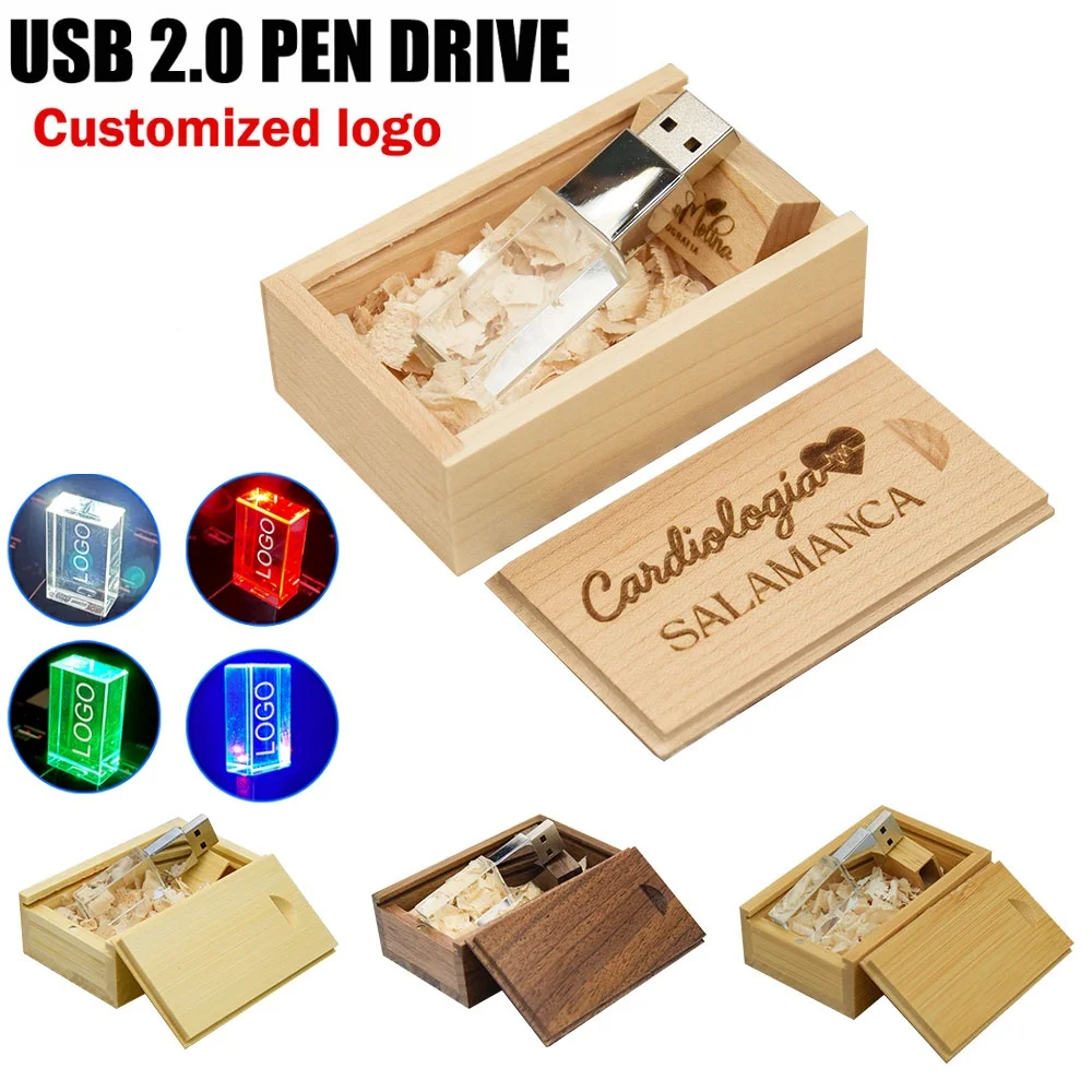 USB 2.0 New Free Custom LOGO Crystal Flash Drive with Wooden Box Pendrive 16GB Memory Stick Pen Drives 32GB 64GB Wedding Gifts