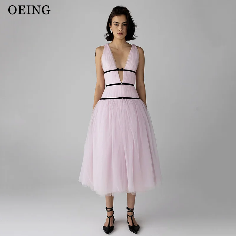 

OEING Simple A-Line Prom Dress Princess Pink Sleeveless Deep V-Neck Tea Length Gala Party Puffy Dress vestidos Customized
