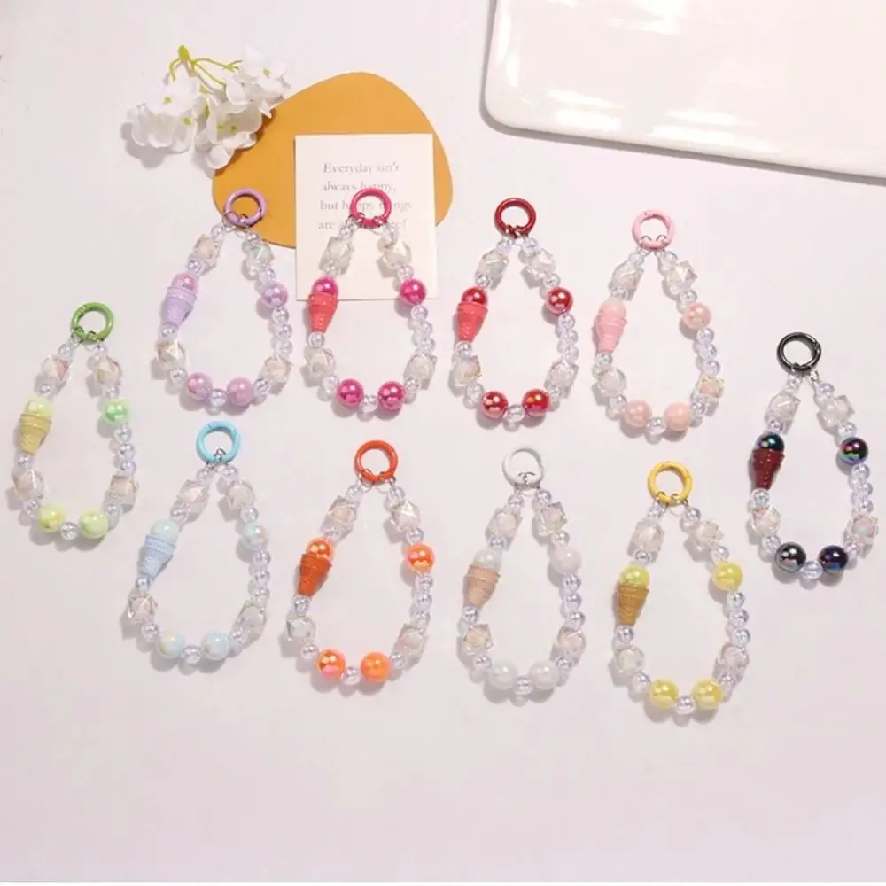 Ice Cream Cone Colorful Phone Lanyard Cute Bow Keychain Crystal Phone Anti-lost Rope Bling Bling Colored Round Bead