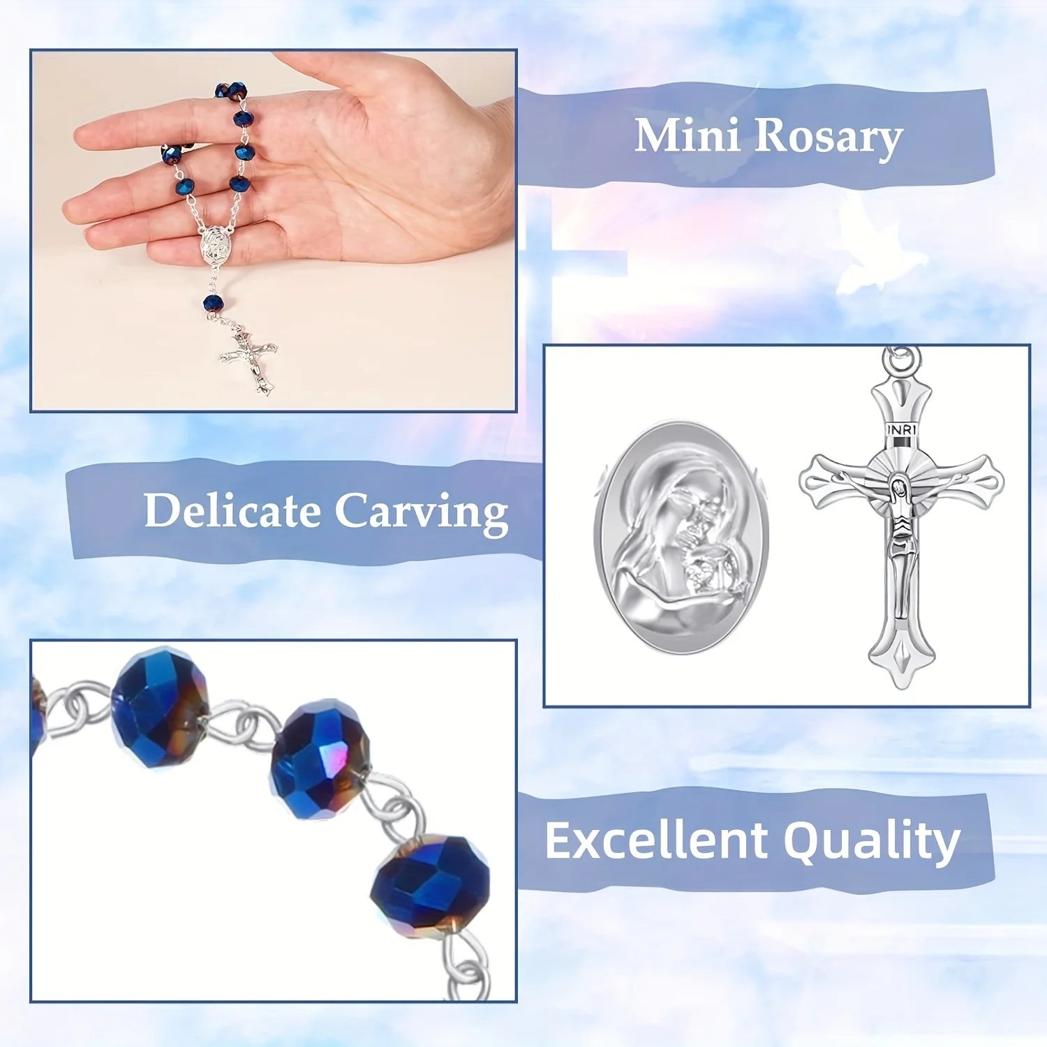 2/5/10 Sets katholische Mini-Taufrosenkränze in Blau mit Karten und Organzabeuteln, Hochzeitsgeschenke für Gäste zur Taufe und Erstkommunion – Detail 4