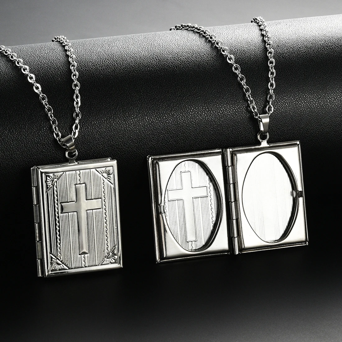 Stainless Steel Photo Frame Locket Pendant Necklace Men Women Book Shape Cross Pattern Openable Picture Memorial Jewelry Gift