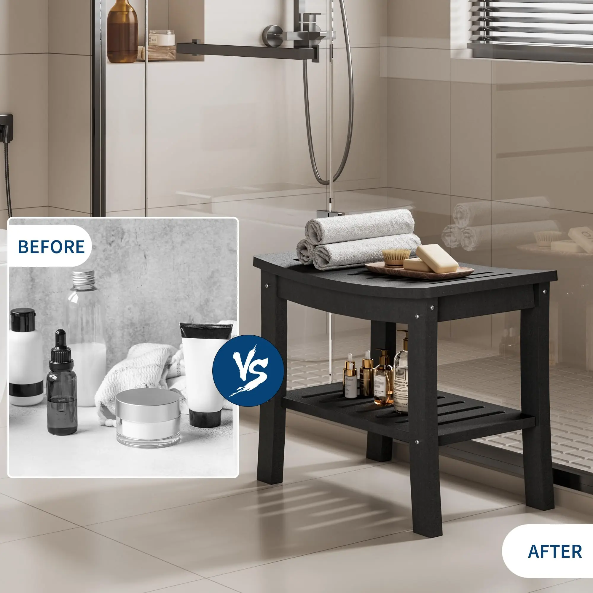 

Shower Bench with Storage Shelf, Waterproof Shower Seat Stool Chair for Bathroom Bathtub, Non-Slip Spa Stool, Indoor Outdoor Use