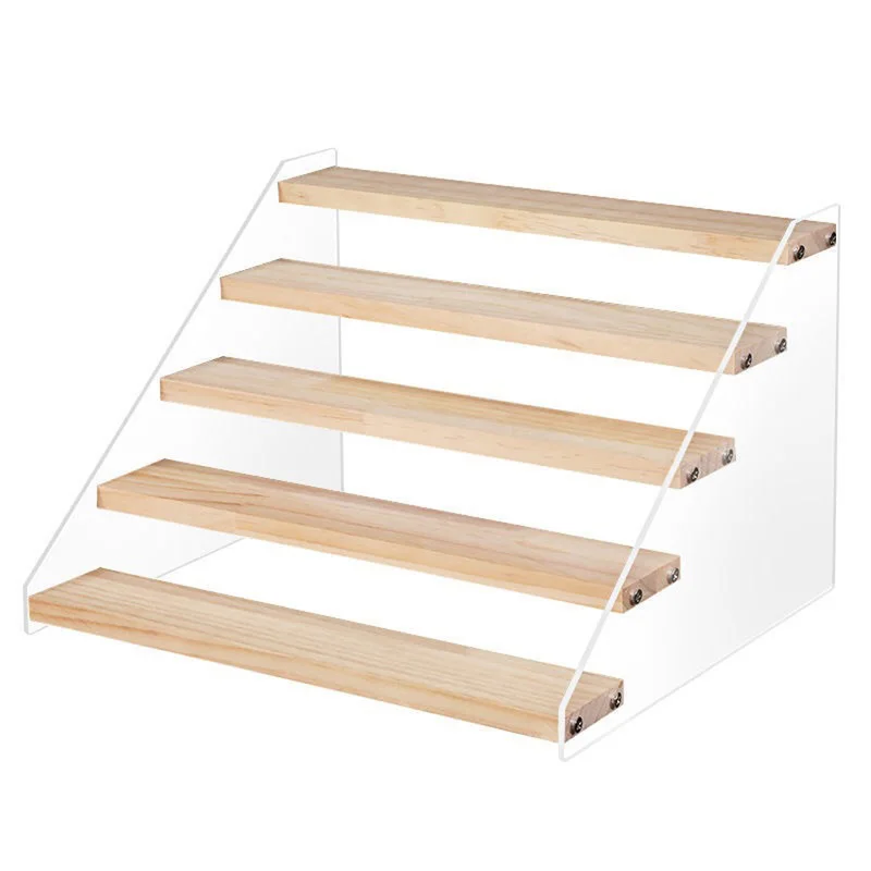 3-5 Tier Transparent Acrylic Base Solid Wood Display Stand Stepped Toys Models Cosmetics Skin Care Products Display Stand