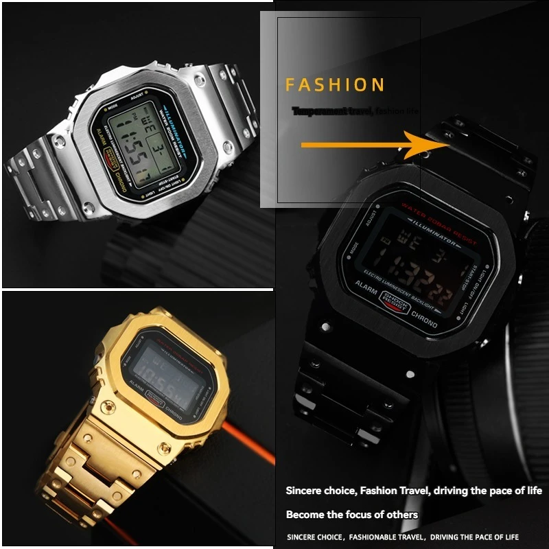 For CASIO DW5600 DW5610 silver gold black stainless steel watch strap men set watch case strap Waterproof men watch Wrist Watch