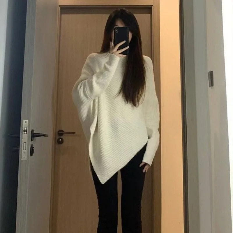 Solid Color Versatile Sweater Irregular High Neck Temperament Sweater Women's Loose Lazy Style Soft Sticky Knitted Top Thickened