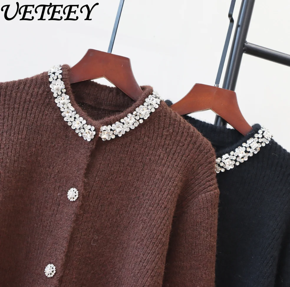 

Heavy Craft Rhinestone Design Round Neck Long Sleeve Knitted Cardigan Autumn Winter New Loose Sweater Jacket for Women Trendy