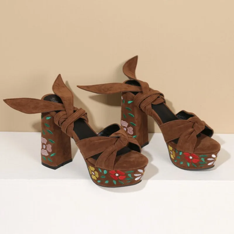 Women's Embroidery Lace up Sandals Platform Chunky Heels Shoes Summer Peep Toe Ankle Strap Party Shoes Sandalia Feminina view 2
