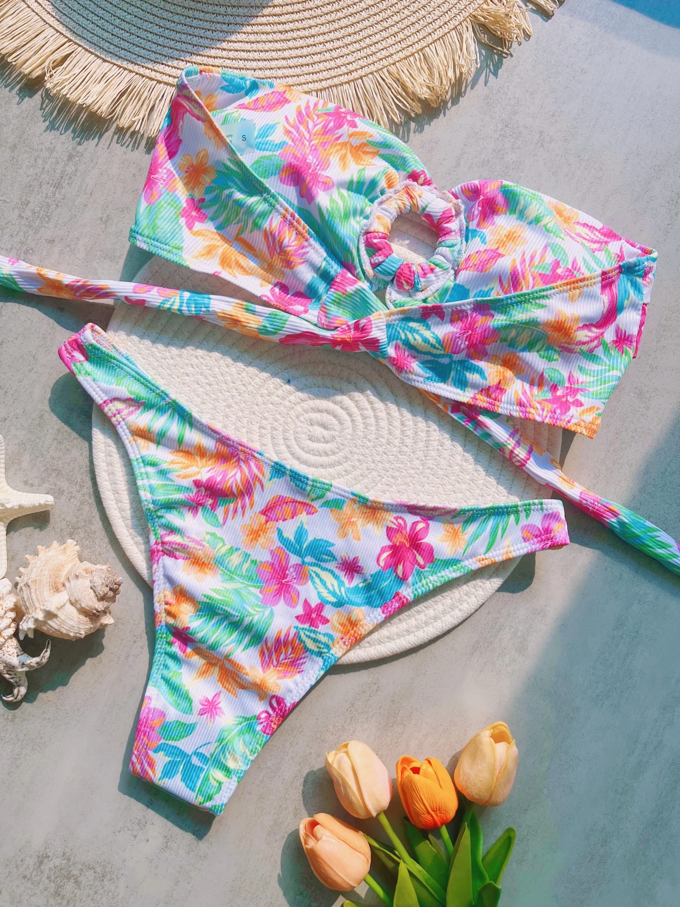 Plant Printed Bandeau High Leg Cut Bikini Women Swimwear Female Swimsuit Two-pieces Bikini set Bather Bathing Suit Swim