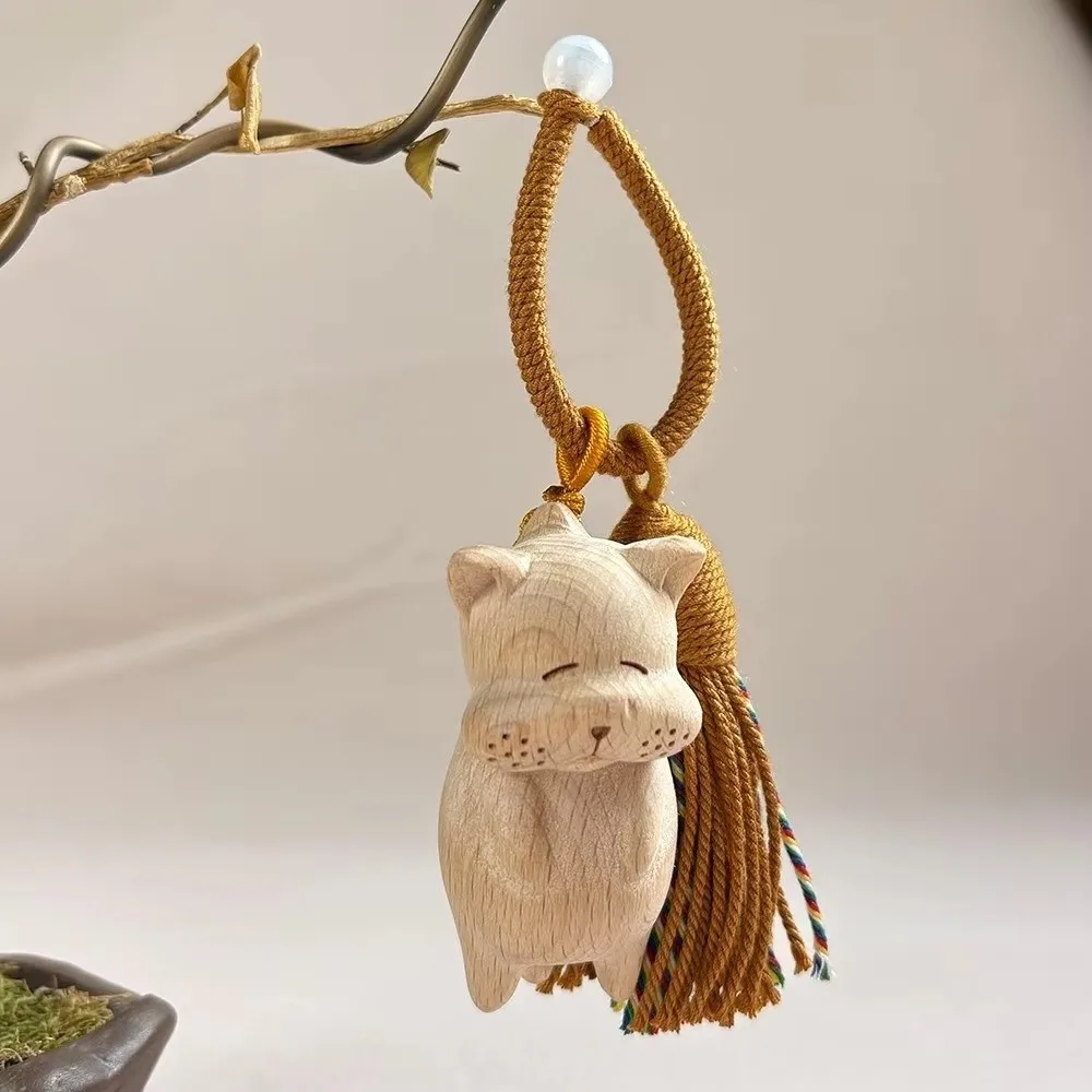 Tassel Handcrafted Wooden Cat Pendant Wooden Material Money Catching Cat Cat Keychain Bags Decoration Bag Pendant