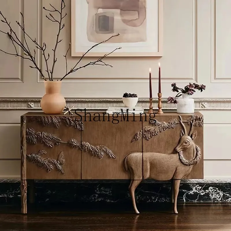 

FG solid wood carving flower retro entrance cabinet dining side bed and breakfast decoration