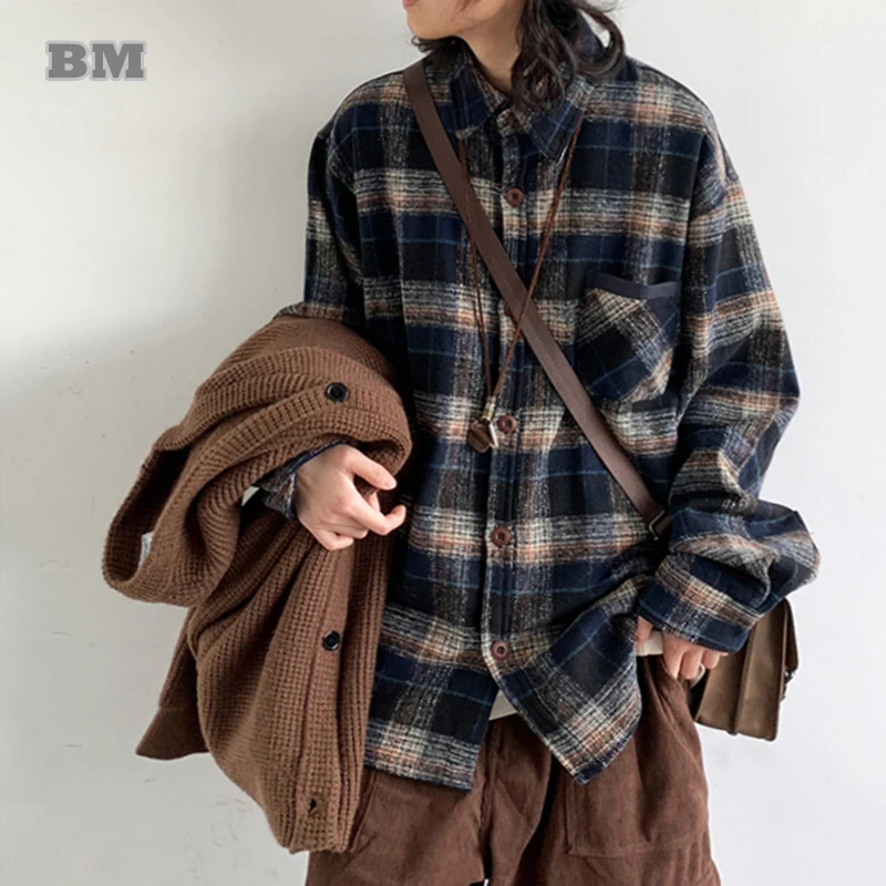 

Vintage Preppy Flannel Plaid Shirt For Men Women Korean Streetwear Couple Coat Oversize Long Sleeve Harajuku Casual Blouse Top