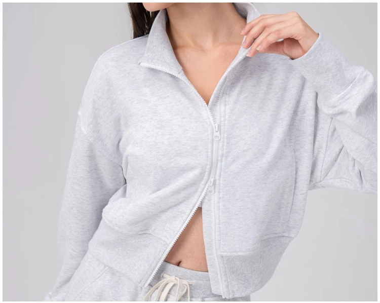 VITALINOVO Damen-Jacken mit Reißverschluss, Stehkragen, kurzes Sweatshirt mit Taschen, Daumenloch, Herbst, langärmlig, Sportjacken, Winter – Detail 8