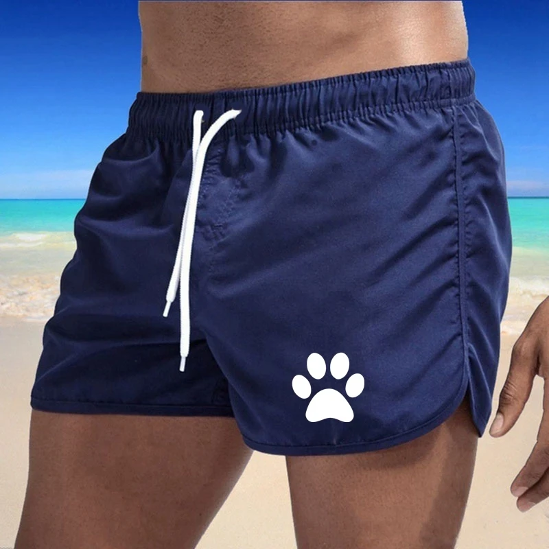 Summer New Men\'s Sports Leisure Breathable Fitness Drawstring Quick Dry Loose Men\'s Beach Pants Solid Color Shorts Dog Paw Print