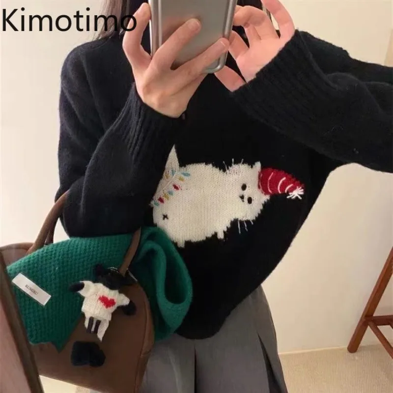 Kimotimo Cute Cartoon Jacquard Sweater Women Christmas O Neck Loose Knitted Pullover Autumn Winter Sweet Fashion Jumpers Tops