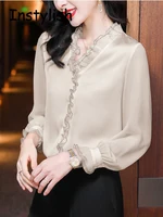 Elegant Women Chiffon Shirt Korean Blouse Office Lace Mesh Long Sleeve Ruffles V NeckTops Casual Vintage Pullovers Blusas 2022 - Image 3