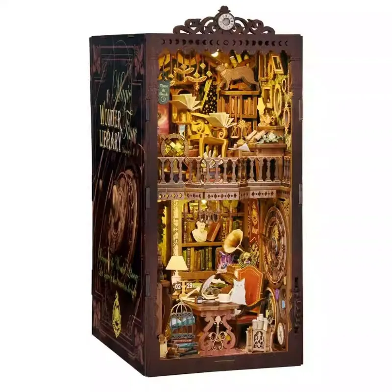 Magic Time Library DIY Book Nook - 3D puzzelbouwpakket met LED, miniatuur boekenplank insteekmodel, creatief cadeau Boekenliefhebber