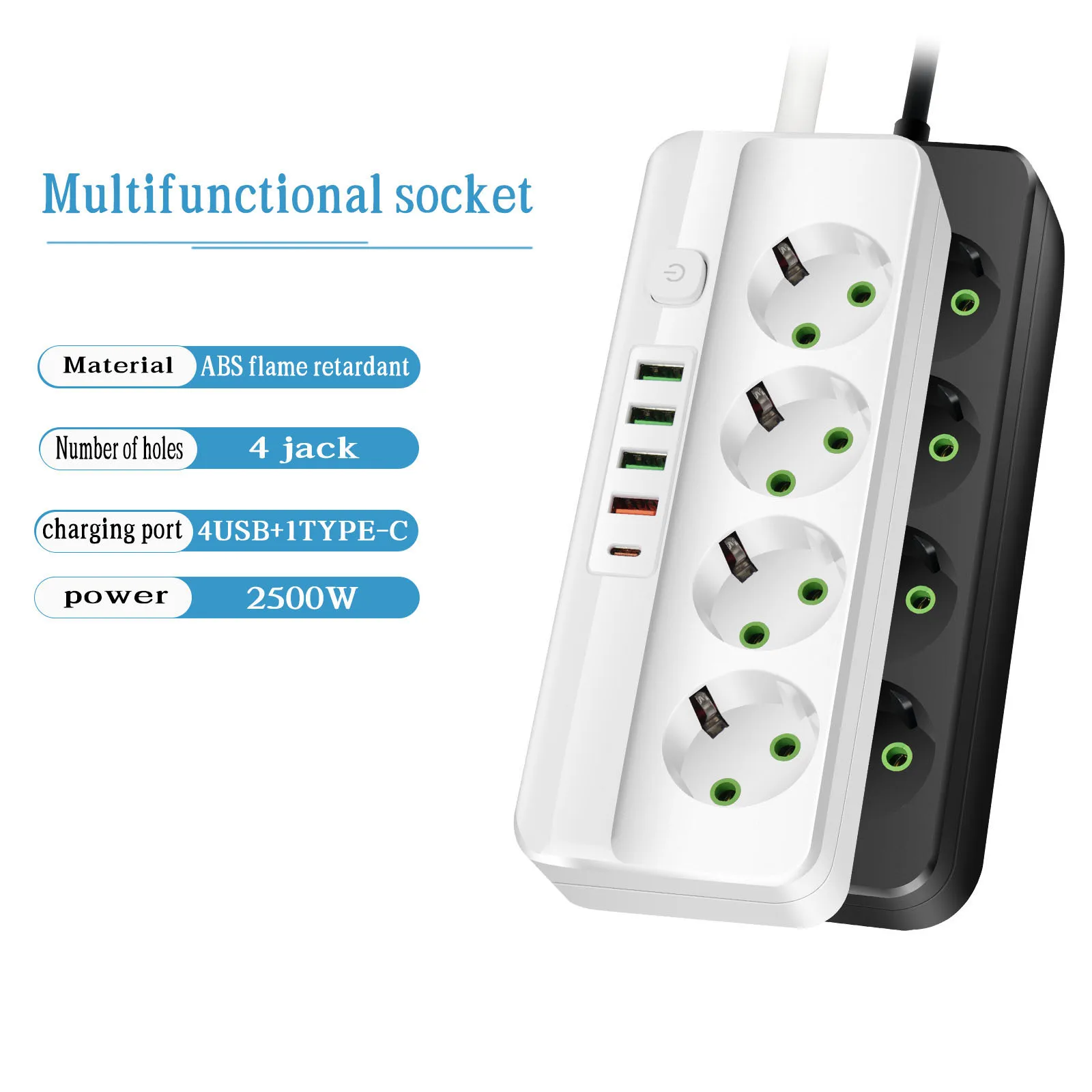 الاتحاد الأوروبي التوصيل قطاع الطاقة 3,4,5 أو 6 مآخذ 2500 واط مخرج كهربائي مع 4 منافذ USB 1 نوع-C 2 متر تمديد سلك محول 2.1A شحن