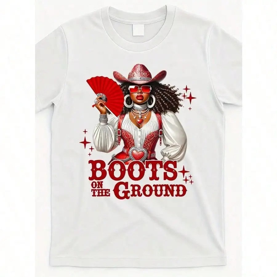 

Boots On The Ground Western Cowboy Cowgirl Graphic T-Shirt - Vibrant Red & White Design, Round Neck Casual Tee For Men & Women