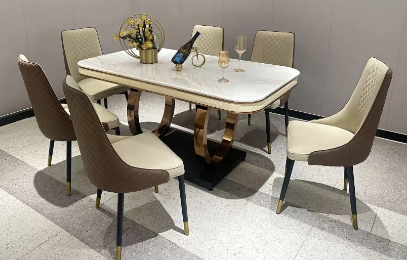 Modern Luxury Dining Table Dining Table with 6 Chairs for Wholesale Sale Stainless Steel Bottom Frame Strong and Durable.