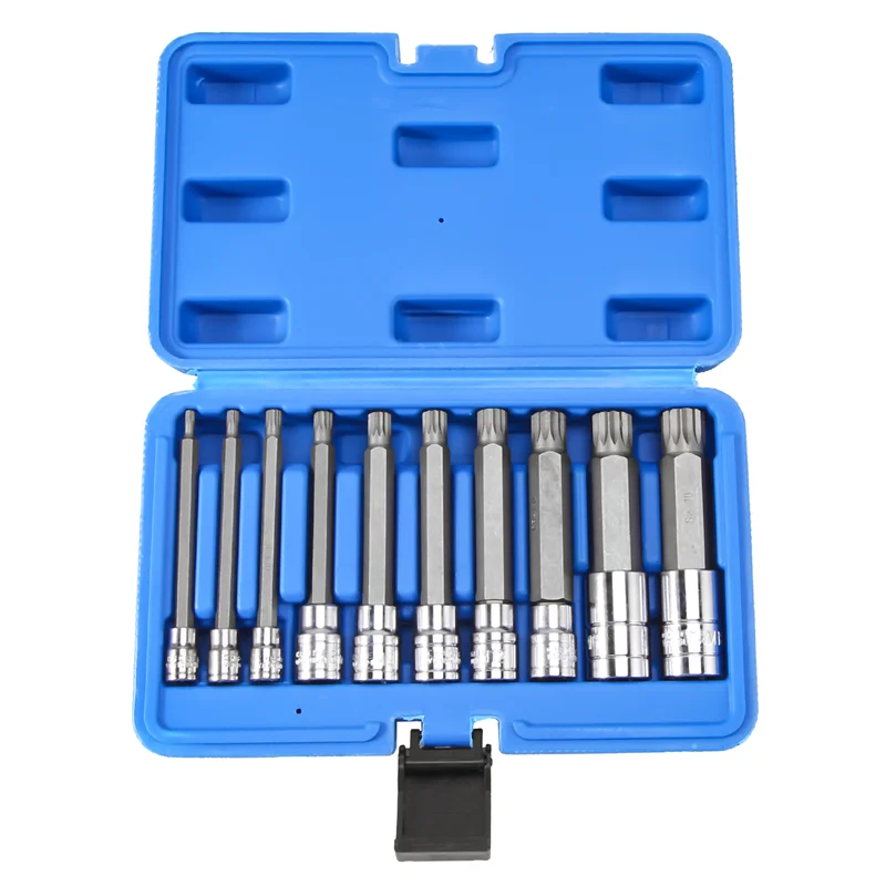 ELEG-10 Piece 4 Inch Spline Tip Bit Socket Set M-Type Universal Sleeve -M18 Triple Square Spline Bit Socket Set
