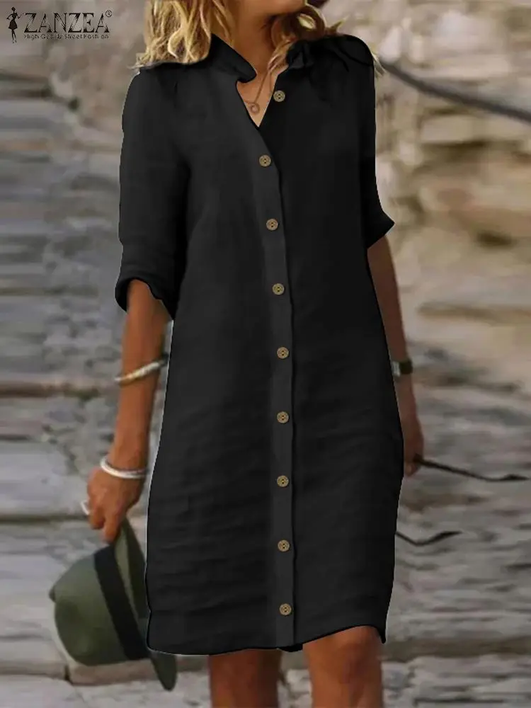

ZANZEA Holiday Round Neck Shirt Dress Vintage Cotton Casual Loose Single Breast Vestido Half Sleeve Robe 2023 Knee-length Dress