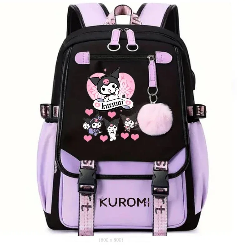 Kuromi-Mochila escolar con carga USB para mujer, morral de gran capacidad, ideal para estudiantes de secundaria, el mejor regalo