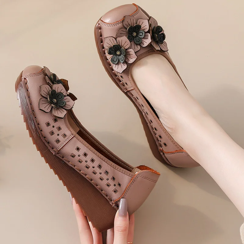 

New handmade ballerinas shoes women wedge heel flats genuine leather moccasins woman summer antique flower luxury flats ladies