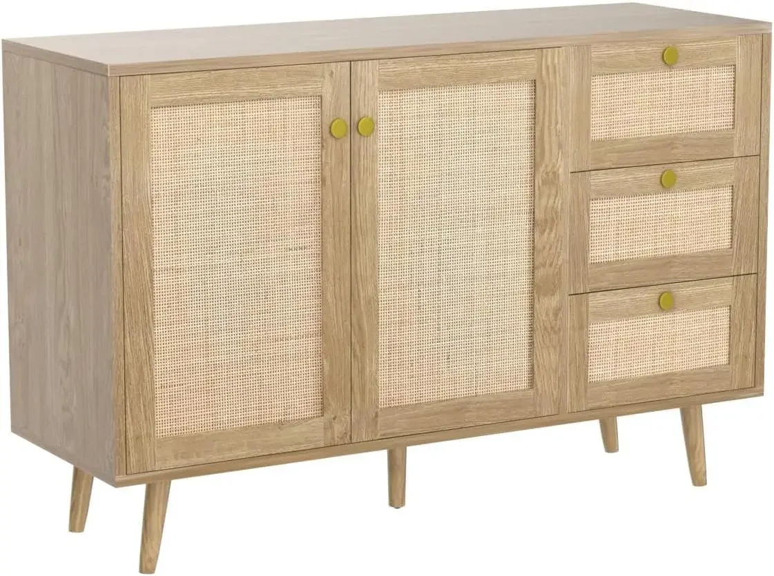 Rotan Dressoir Buffetkast Met 2 Deuren En 3 Laden, Buffetkast Met Opbergkast Van Hout Credenza