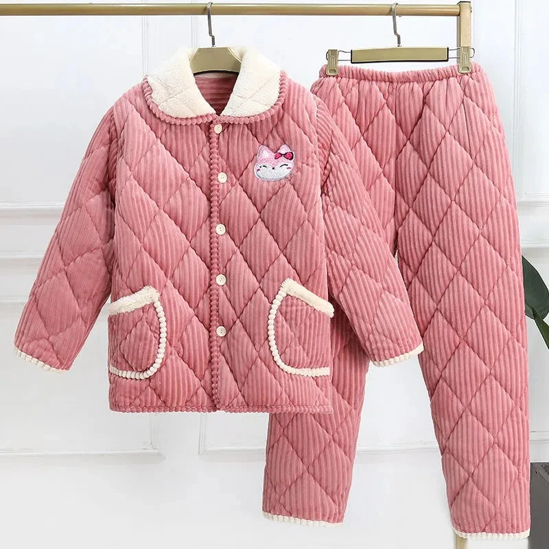 

Autumn Winter Coral Velvet Pajamas For Women Three Layer Quilted Plush Thickened Flannel Pajamas Sets Ladies Cotton Jacket+Pants