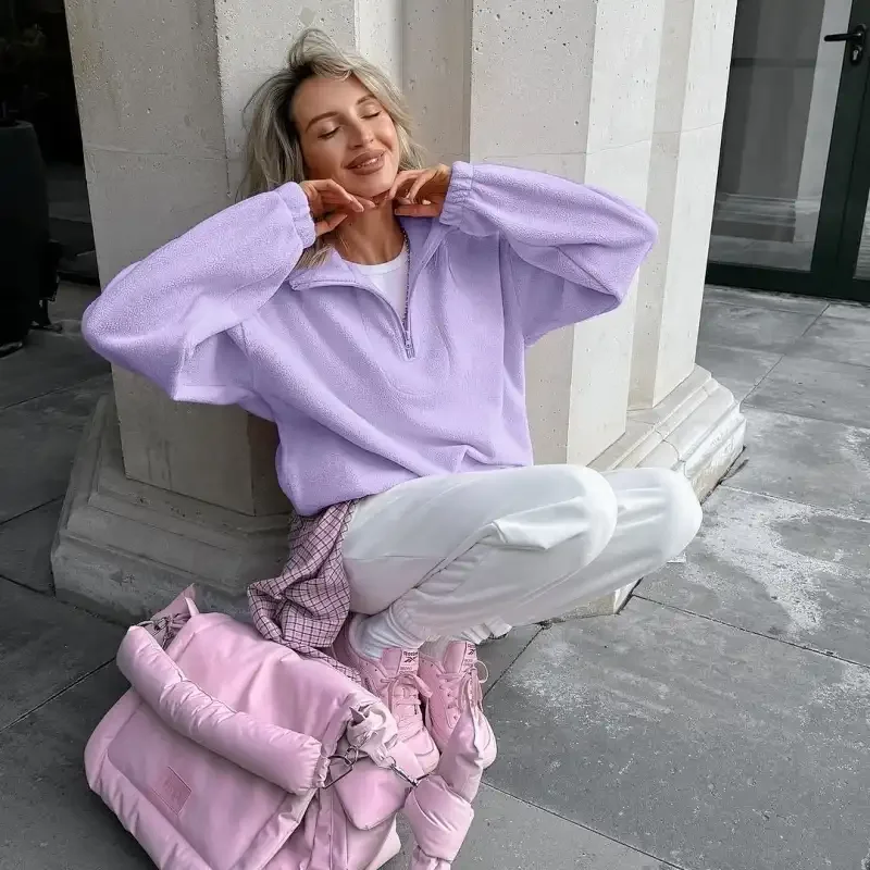 Felpa con cappuccio pullover allentata autunno inverno stile europeo americano da donna tinta unita minimalista versatile mezza zip in pile