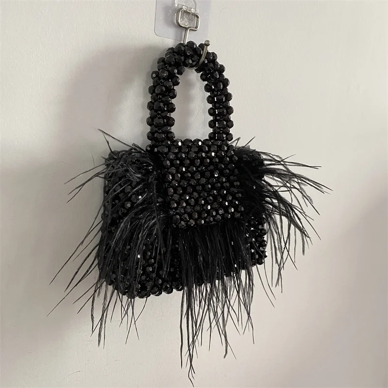 Add Feather Customized Party Dinner Bag Fashion Handmade Acrylic Woven Flap Women\'s Shoulder Bags Summer Senior Handbag Small