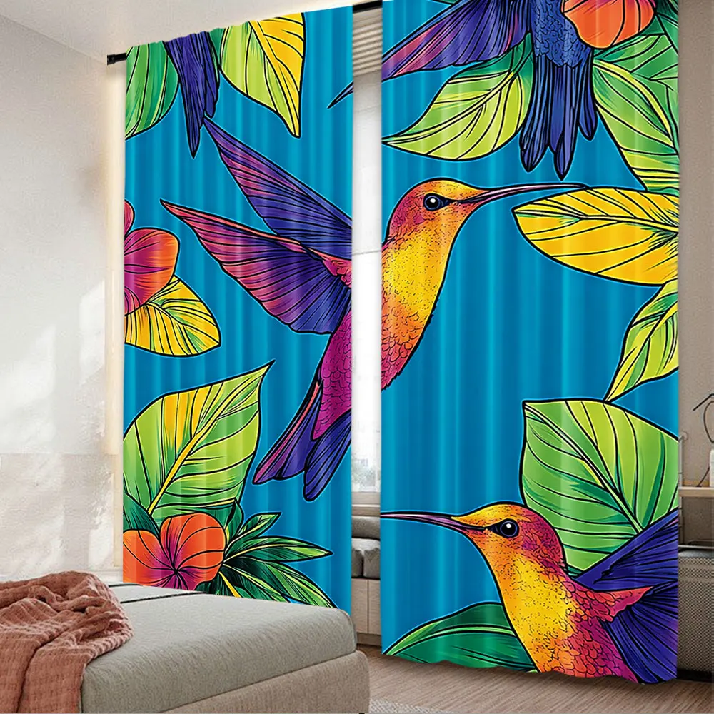 2Pcs Curtain Strelitzia Reginae And Colorful Flying Hummingbird Colibri In Contour Suitable For Living Room Bedroom Kitchen And