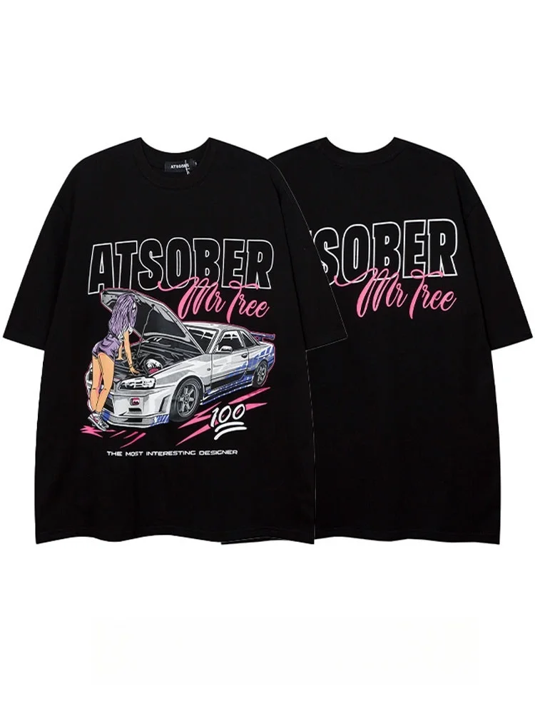 

European and American High-street Dark Racing Style Printed Short-sleeved T-shirt From A Trendy and Loose Hip-hop Sports Brand.
