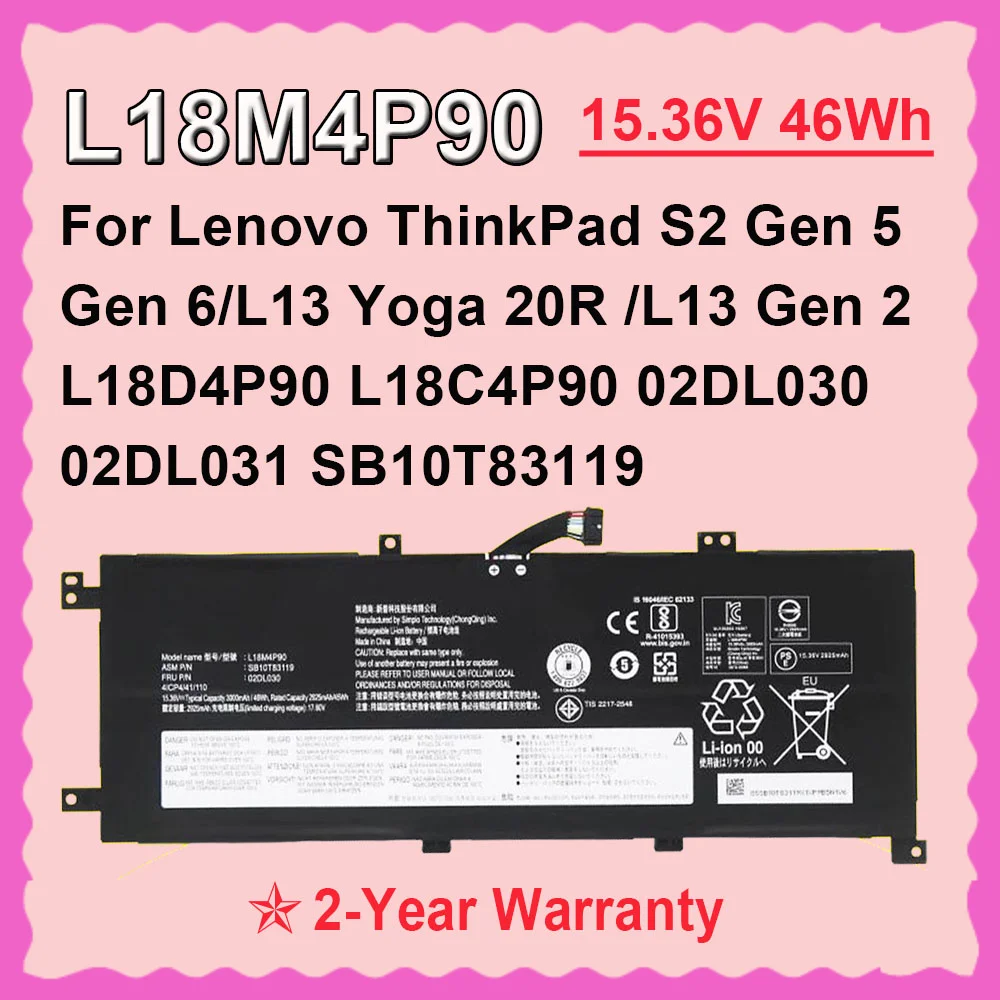

DODOMORN 46Wh L18D4P90 L18M4P90 Battery For Lenovo ThinkPad L13 Yoga 20R5 20R6 Gen 2,S2 Gen 5/6 Series Laptop Replacement
