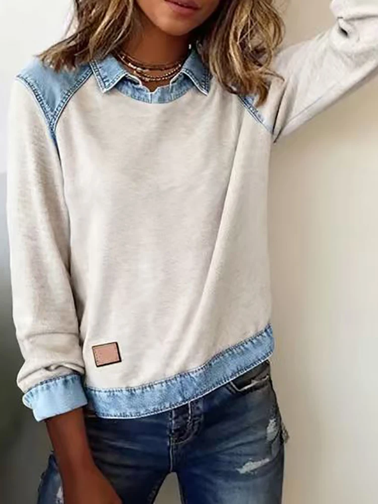 

New Casual V Neck Patchwork Chic Blouses, Women Autumn Fashion Long Sleeve Simple Top, 2025 Loose Elegant Ladies Pullover Shirts