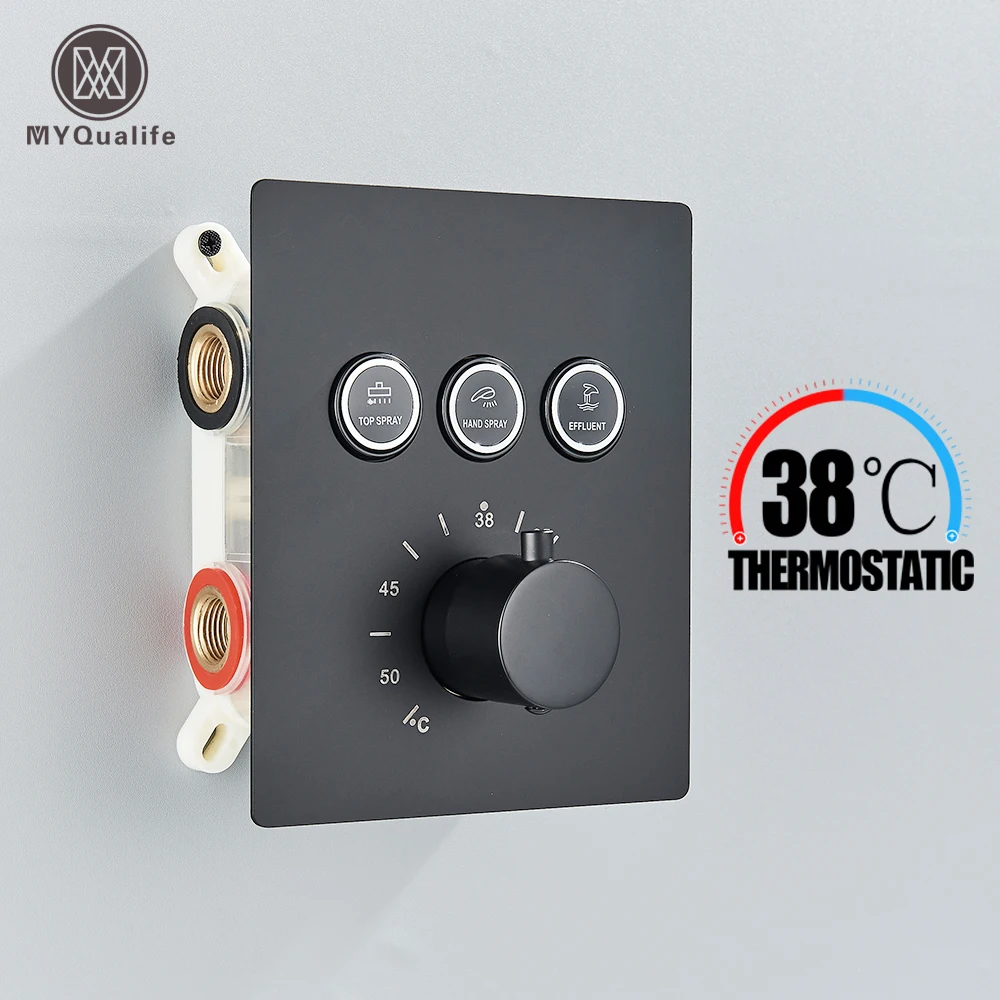 Matte Black 3 Way Thermostatic Mixer Valve Bathroom Concealed Embedded Box Shower Faucet Spool Temperature Control Valve