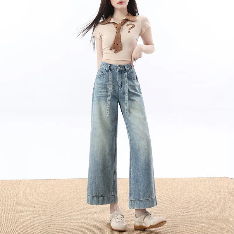 Women's Jeans High Waist Wide Leg Cropped Pants Spring Trendy Slim Fit Straight Casual Trousers for Petite Women's Pants