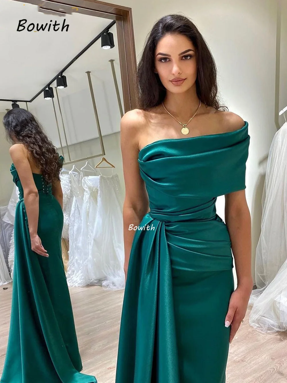 Mulheres Bowith cetim vestido de festa formal, pregas com trem lateral, vestido de baile de fenda alta drapeada, elegante vestido de casamento