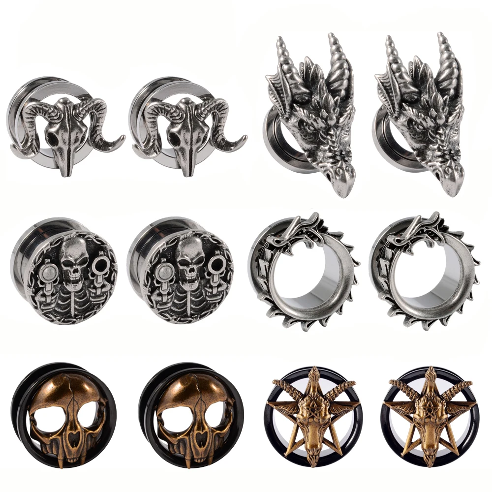 1Pair Punk Stainless Steel Skeleton Ear Stretchers Tunnel External Thread Vintage Ear Gauge Plugs Expander Body Piercing Jewelry