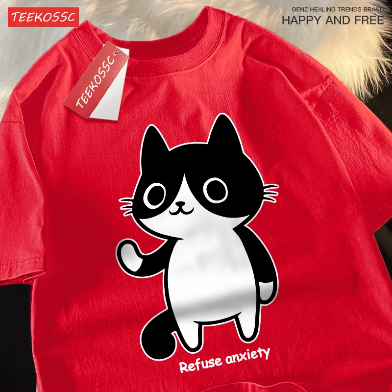 Refuse Anxiety Cartoon Cats Print T Shirts Men Summer Cotton T-Shirt Hip Hop Loose Streetwear Unisex All-Match Casual Clothing