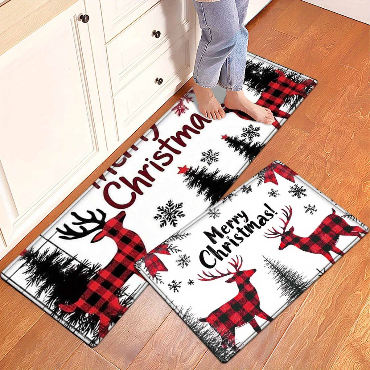 VIKAMA Set Christmas Kitchen Floor Mats Non Slip Washable Plaid Deer Tree Snowflake Runner Rug for Family Xmas Holiday Decor view 5