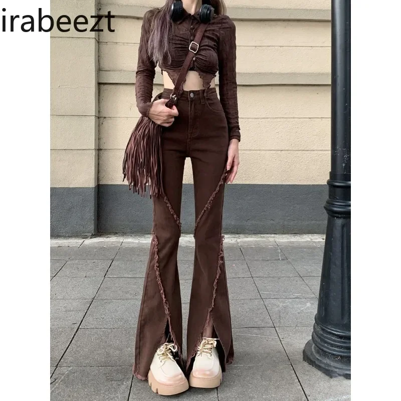 

Irabeezt Micro Flare Women's Jeans Autumn High Waist Stretch Brown Wide Leg Pants Korean Style Pure Sexy Trousers Female Clothes