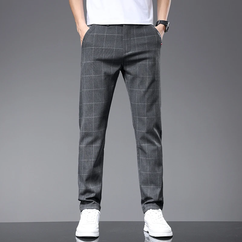 Clothing 2024 Spring Summer Plaid Work Stretch Pants Men Business Fashion Slim Grey Blue Party Casual Pant Trousers Male