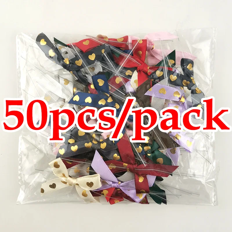 50pcs/pack 45mm Gold Heart Mixed Bows For Valentine\'s Day Decoration Gift Packaging Handmade DIY Making Clothing Accessories